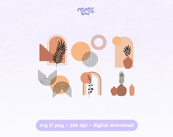 Boho Elements Clipart, Modern Abstract Boho Shapes Svg Png, Aesthetic Line Art Bundle, Minimalist Wall Art Icons Digital Download