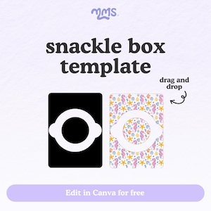 Può includere: Un modello di scatola per snack con una versione in bianco e nero e una versione colorata. La versione colorata presenta cavallucci marini, stelle marine e conchiglie. Il testo include "snackle box template", "drag and drop" e "Edit in Canva for free."