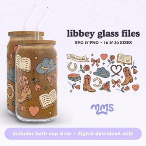 Cowboy Romanze Libbey Glass Wrap SVG PNG Bundle, 16oz & 20oz Nahtlose Western Bookish Tumbler Wrap, Boots Hut Rosen Digitaler Download