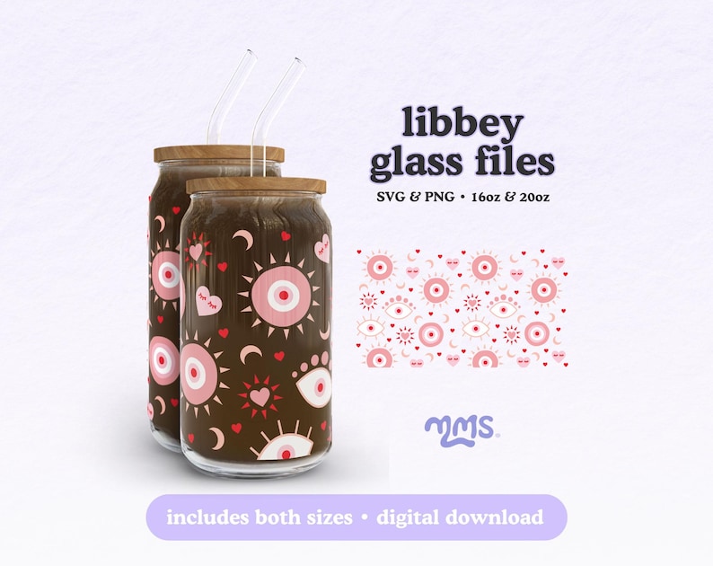 Libbey Glass Wrap Files, Valentine Evil Eye Hearts Design, Cute Glass Can Wrap 16oz 20oz, Svg Png image 1