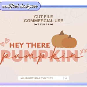 May include: A digital design featuring the text "HEY THERE PUMPKIN" in pink with a brown "x" and two orange pumpkins. The design is on a light pink background with a light brown leaf pattern.