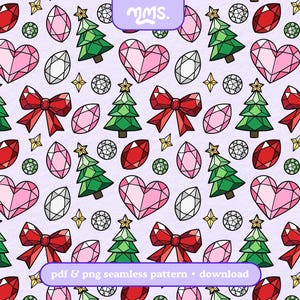 May include: A seamless pattern on a light purple background featuring repeating illustrations of green Christmas trees, red bows, pink heart-shaped gems, white diamonds, red oval gems, and small yellow stars. The text reads mms. and pdf & png seamless pattern • download.