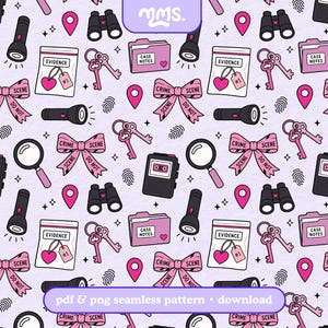 May include: A seamless pattern on a light purple background featuring repeating crime-themed illustrations including pink crime scene bows, evidence bags, flashlights, magnifying glasses, keys, folders labeled case notes, and location pins.