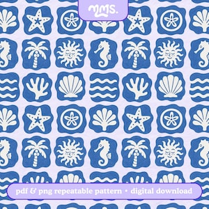 May include: A seamless pattern featuring a variety of beach-themed illustrations, including seashells, starfish, palm trees, suns, and seahorses. The illustrations are white and are set against a blue background. The pattern is perfect for use in a variety of creative projects, such as scrapbooking, card making, and fabric design.