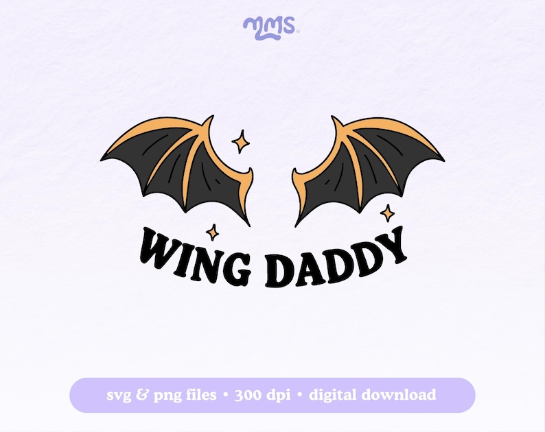 May include: A digital graphic featuring a pair of stylized black bat wings with orange trim, accompanied by the text "WING DADDY" in a bold, retro font. Small star accents are placed around the wings. The design is set against a light purple background.
