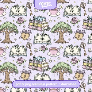 May include: A repeating pattern with fairytale-themed illustrations on a lilac background. The design includes stacks of books, open books with vines, teacups, keys, roses, heart-shaped lockets, and trees. The text "pdf & png seamless pattern • download" is also present.