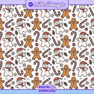 Lebkuchen-Schneemann-Musterdatei für Sublimation oder Druck, nahtloses Design, digitales Papier, Weihnachtsferienmuster, Weihnachtsplätzchen