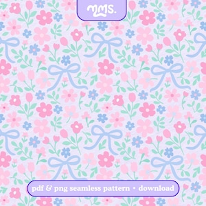 May include: A seamless pattern with pink and blue flowers, bows, and green leaves on a pale purple backdrop. The design includes the text "pdf & png seamless pattern • download".