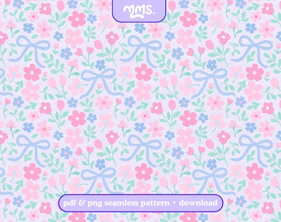 Spring Pop Seamless Pattern Png Pdf, Coquette Pastel Bows Seamless Design Download, Cottagecore Floral Pattern For Printing & Sublimation