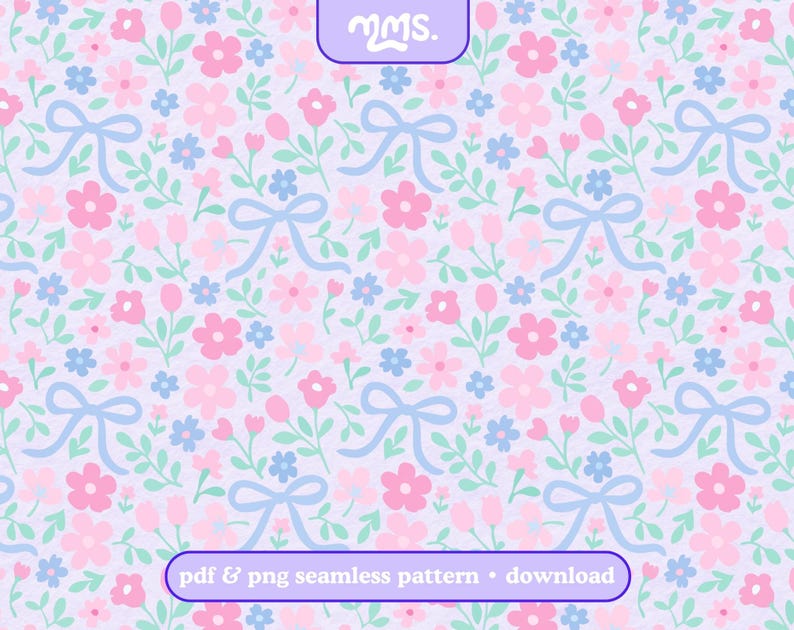 May include: A seamless pattern featuring pink and blue flowers, bows, and green leaves on a light purple background. The design includes the text "pdf & png seamless pattern &bull; download".