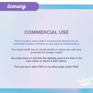 May include: A pink and blue graphic with the text "licensing" in a purple box at the top. The text "COMMERCIAL USE" is in a large, bold font. The text below explains the commercial use license for digital files. The text includes the phrase "milkmilk sugar" in a pink and blue font.