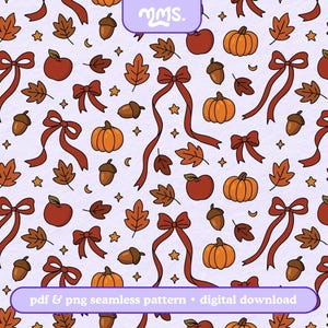 Peut inclure: Motif sans couture avec des citrouilles, des pommes, des glands, des feuilles et des nœuds dans des tons orange, rouge et marron sur fond violet clair. Le texte "PDF & png seamless pattern • digital download" est présent.