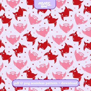 Best Enemies Angel Devil Heart Seamless Pattern, Valentine Love Repeat Design, Digital Paper Png Pdf