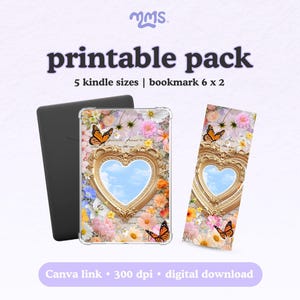 May include: A digital printable pack featuring a Kindle, a Kindle case, and a bookmark. The case and bookmark have a floral design with a gold heart-shaped frame and orange butterflies. The text reads "printable pack" and "5 kindle sizes | bookmark 6 x 2".