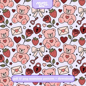 May include: Seamless pattern featuring pink teddy bears with heart-shaped accents, strawberries, roses, bows, keys, and heart-shaped locks on a light purple background. The text "pdf & png seamless pattern + download" is included.