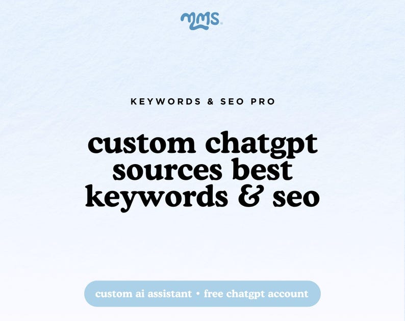 May include: A light blue graphic with the text "KEYWORDS & SEO PRO" and "custom chatgpt sources best keywords & seo." Below, it says "custom ai assistant &bull; free chatgpt account."