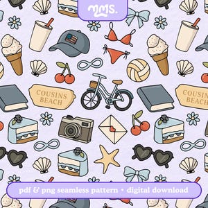 Puede incluir: Patrón sin costuras con ilustraciones de verano. Incluye helados, gorras de béisbol, cerezas, conchas marinas, una bicicleta, gafas de sol y una cámara. También está presente el texto "COUSINS BEACH". El fondo es de color lila claro.
