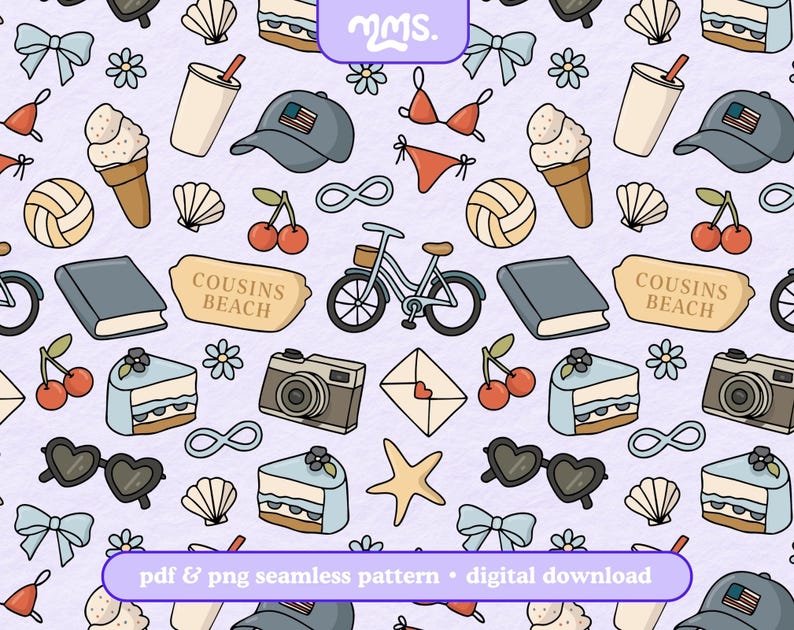 May include: A seamless pattern featuring summer-themed illustrations. The design includes ice cream cones, baseball caps, cherries, seashells, a bicycle, sunglasses, and a camera. The text "COUSINS BEACH" is also present. The pattern is on a light purple background.
