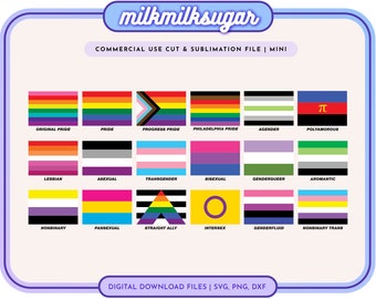 Può includere: Un file di download digitale di 16 diverse bandiere pride, tra cui la bandiera pride originale, la bandiera pride progressista, la bandiera pride di Philadelphia, la bandiera agender, la bandiera poliamorosa, la bandiera lesbica, la bandiera asessuale, la bandiera transgender, la bandiera bisessuale, la bandiera genderqueer, la bandiera aromantica, la bandiera non binaria, la bandiera pansexuale, la bandiera alleata eterosessuale, la bandiera intersessuale, la bandiera genderfluid e la bandiera trans non binaria. Le bandiere sono tutte in un formato a griglia e sono etichettate con i rispettivi nomi. Il testo "FILE DI DOWNLOAD DIGITALE | SVG, PNG, DXF" è nella parte inferiore dell'immagine.