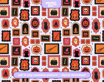 Spooky Gallery Wall Seamless Pattern PNG PDF, Halloween Frames Repeat, Black Cat Pumpkin Ghost Witch Hat Cauldron, Digital Paper Download