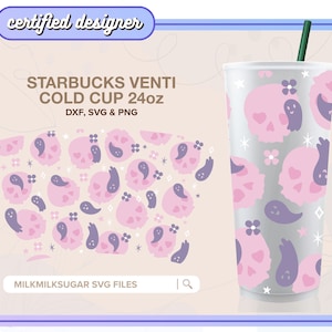Lindo SVG de fantasma para vaso Sbux Venti Cold sin logotipo, SVG retro de Halloween, vaso de 24 oz, SVG de calavera envolvente, archivos de corte Cricut para vasos / Boo Casa