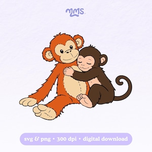 May include: Illustration of two cartoon monkeys. One is orange and tan, with its arms open. The other is brown and hugging the orange monkey. The image includes the text "svg & png • 300 dpi • digital download".