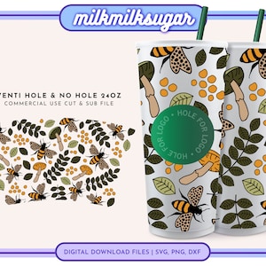 BUMBLE BEE SVG For 24oz Venti Cold Cups With Hole and No Hole, Honey Bee Svg, Retro Mushroom Svg, Boho Summer Svg, Bee Svg | Bumble Greens
