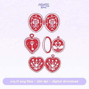 May include: Four red heart-shaped locket designs with white details. The lockets feature a rose, a key, swans, and a floral design.