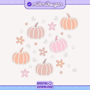 Op de afbeelding: Een digitale download van een set van 10 schattige, pastelkleurige pompoen- en bloemenillustraties. De pompoenen zijn in tinten roze en oranje, en de bloemen zijn wit met roze centra. De illustraties zijn perfect om een vleugje herfstcharme aan je projecten toe te voegen.