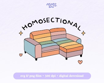 Puede incluir: Ilustración de dibujos animados de un sofá seccional colorido con la palabra "HOMOSECTIONAL" arqueada encima. El sofá es en tonos naranja, amarillo, verde, azul y morado. También se incluyen dos corazones y dos estrellas.