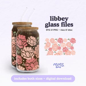 Pioenrozen Svg Png voor Libbey 16oz en 20oz blikje glas, Peony Cricut Cut bestand, UVDTF bloemen zomer Wrap, Moederdag Cup bestand