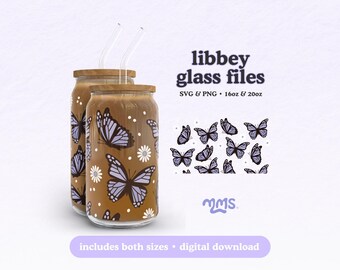 Libbey Glasverpackungsdateien, Schmetterlings- und Blumendesign, Niedliche Frühlings-Glasverpackung für 16oz und 20oz, SVG PNG, Schmetterlinge und Gänseblümchen