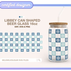 Libbey 16オンス缶用ガラスケース用チェック柄SVGラップ、Cricut用レトロカットファイル、レトロチェッカー、レトロクリスマスSVG | 降雪