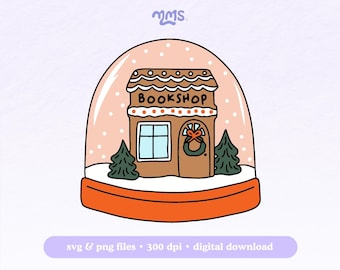 May include: A gingerbread house shaped like a bookstore inside a snow globe. The house has a red door with a wreath and a window. The snow globe is filled with white snow and two small green trees.