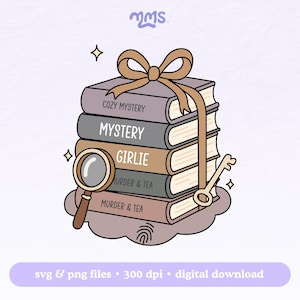 Mystery Girlie Svg Cut-bestand voor Cricut, Booktok, Bookish Png voor Kindle-stickers, bladwijzers, shirts, Libbey-bekers en sleutelhangers | Boekenstapel