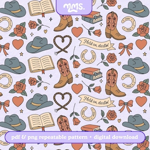 Cowboy Romanze nahtloses digitales Papier, Western-Stiefel Hüte Rosen PNG PDF, wiederholen Muster Sublimation Stoff Sammelalbum Download