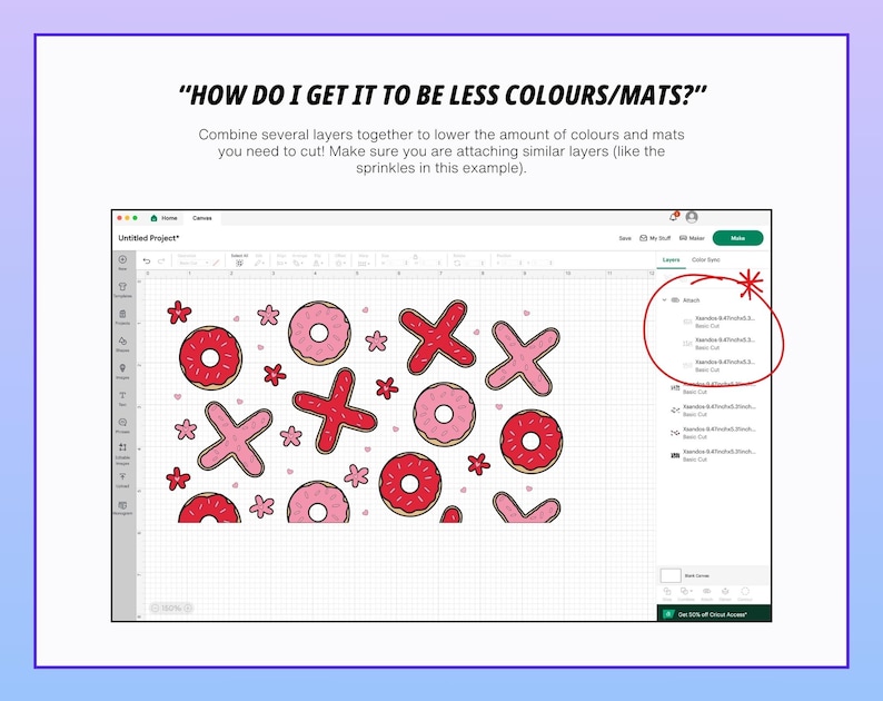 May include: A computer screen displays a design with red and pink donuts, X's, and flowers. The text reads, "HOW DO I GET IT TO BE LESS COLOURS/MATS?" and provides instructions on combining layers for cutting.