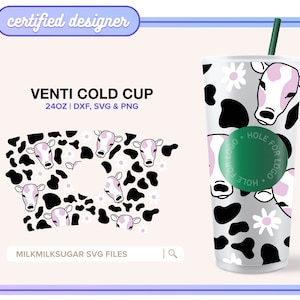 KOE PRINT Svg voor 24oz Venti Cold Cup voor Cricut & Silhouette, schattige koe Svg, Animal Print Svg, koe wrap voor Libbey Cup | Mooody