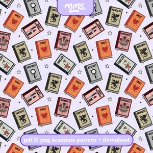 Peut inclure: Un motif sans couture avec des couvertures de livres illustrées, portant des titres tels que "Fantasy", "Romance" et "Mystery". Les livres sont de couleurs orange, rouge et gris, avec des étoiles sur un fond violet clair. Le texte "pdf & png seamless pattern • download" est également présent.