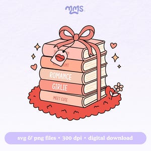 May include: A stack of five pink and white books tied with a pink ribbon and a pink bow. The books have the titles "Secret Admirer", "Romance", "Girlie", and "Meet Cute". The books are sitting on a red and white rug with a small flower.
