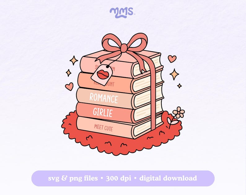 May include: A stack of five pink and white books tied with a pink ribbon and a pink bow. The books have the titles "Secret Admirer", "Romance", "Girlie", and "Meet Cute". The books are sitting on a red and white rug with a small flower.
