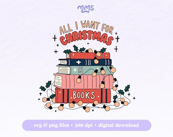 Könnte beinhalten: Ein Stapel Bücher, umwickelt mit Weihnachtslichtern, mit dem Text "Alles, was ich mir zu Weihnachten wünsche, sind Bücher".