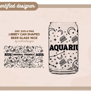 VERSEAU | Astrologie, signe du zodiaque svg libbey canette de bière de 16 oz en verre svg coupé fichier wrap, fichiers svg pour cricut, png, svg et dxf inclus