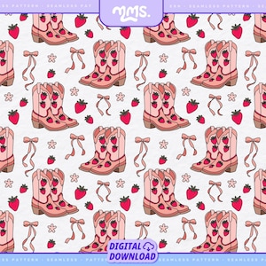 May include: A seamless pattern featuring pink cowboy boots with strawberry accents, pink bows, and white flowers on a light pink background.