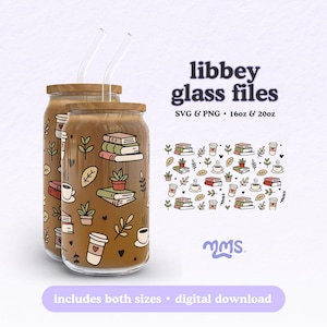 Envoltorios de vidrio Libbey para libros y café, diseño acogedor para leer café, lindo envoltorio de vidrio para latas de 16 oz y 20 oz, SVG y PNG