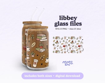 Books and Coffee Libbey Glass Wrap Files, Cozy Reading Coffee Design, Cute Glass Can Wrap 16oz 20oz, Svg Png
