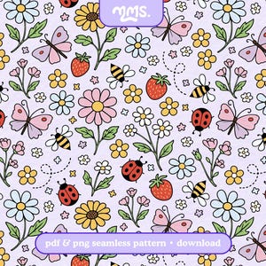 May include: A seamless pattern with a whimsical design of butterflies, bees, ladybirds, strawberries, and various flowers in shades of pink, yellow, and white on a light purple background. The text "PDF & PNG seamless pattern • download" is included.