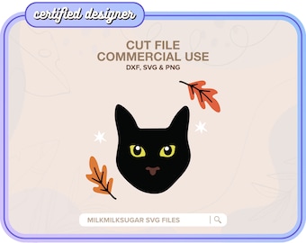 Pode incluir: Silhueta de cabeça de gato preto com olhos amarelos e língua rosa. Duas folhas laranja e marrom estão de cada lado do gato. O texto "CUT FILE COMMERCIAL USE DXF, SVG & PNG" está acima do gato. O texto "MILKMILKSUGAR SVG FILES" está abaixo do gato.