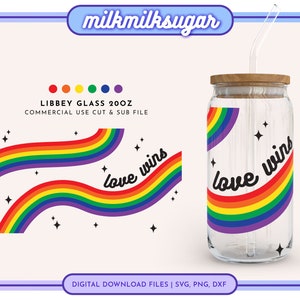 Fierté SVG pour verre de canette Libbey 20 oz, Gay Pride Svg, modèle Lgbtq + svg, Svg arc-en-ciel, fichiers de coupe Cricut, y compris Dxf, Png et Svg | L'amour gagne
