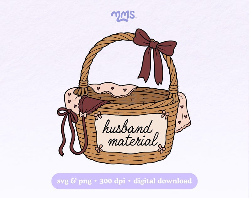 Peut inclure: Une illustration de panier tress&eacute; marron avec un n&oelig;ud rouge fonc&eacute; sur l'anse, un tissu rose clair &agrave; motifs de petits c&oelig;urs et une &eacute;tiquette rectangulaire &agrave; l'avant portant le texte cursif noir husband material et des petites fleurs.